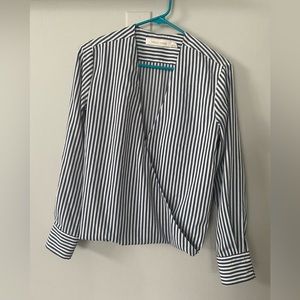Bishop & Young Blue and White Striped Wrap Front Top
